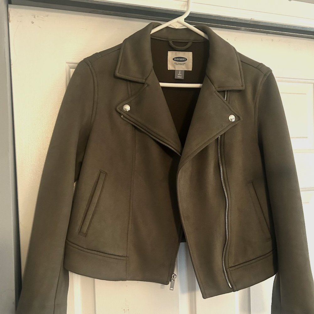 Old Navy Olive Green Faux Suede Moto Jacket – Small Petite